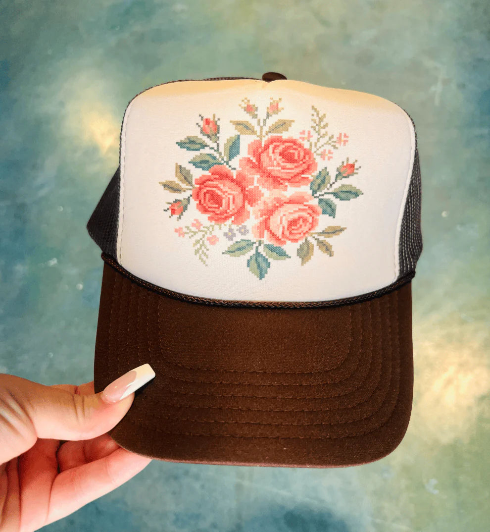 cross stitch rose bouquet trucker hat vintage floral cottagecore boutique cap