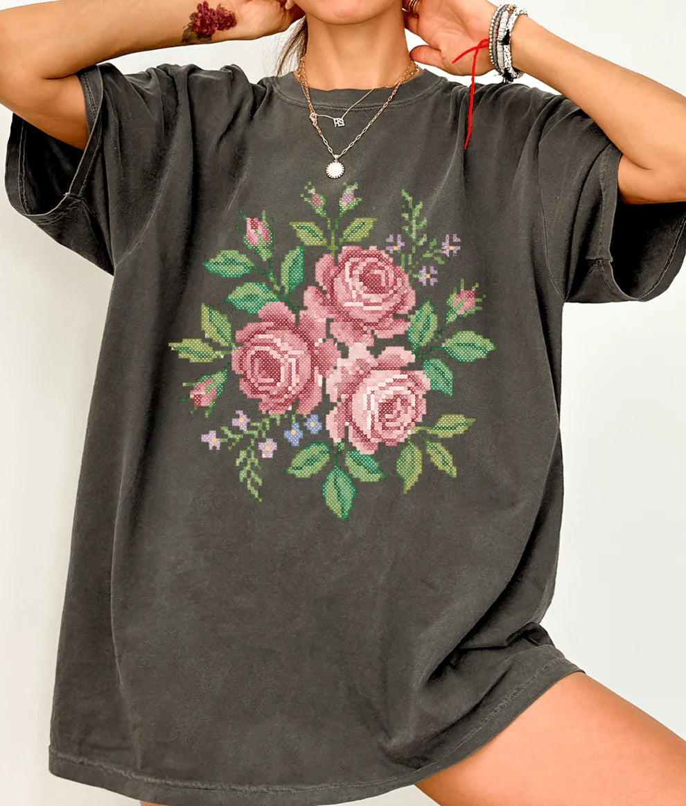 Online Exclusive | Grandma Core Cross Stitch Roses Graphic - Tee &amp; Sweatshirt Options