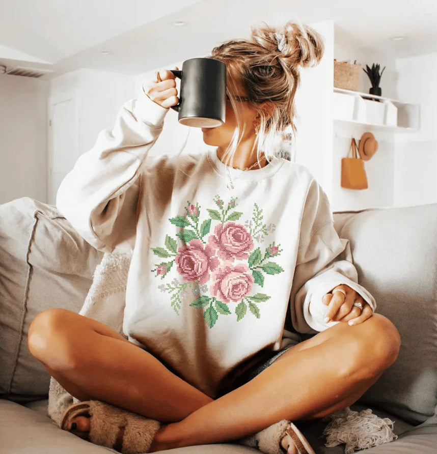 Online Exclusive | Grandma Core Cross Stitch Roses Graphic - Tee &amp; Sweatshirt Options