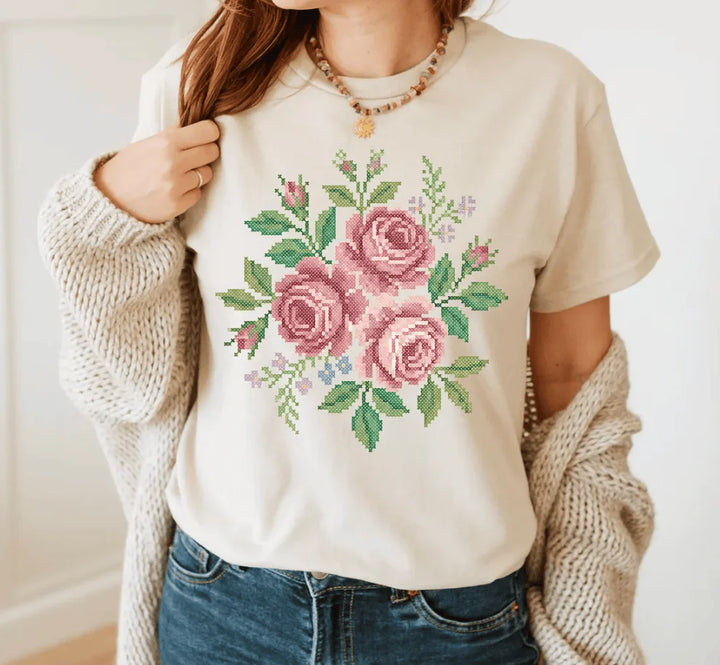 Online Exclusive | Grandma Core Cross Stitch Roses Graphic - Tee &amp; Sweatshirt Options