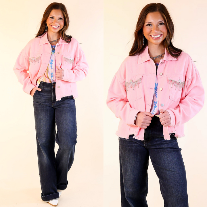 Made To Shine Crystal Fringe Pocket Cropped Denim Jacket in Pink