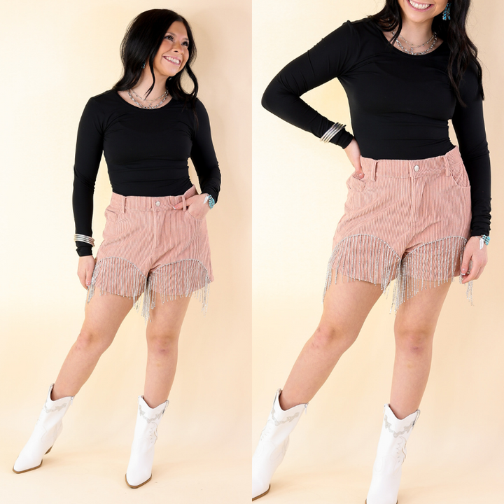 Saddle Up Crystal Fringe Corduroy Shorts in Mauve Pink - Giddy Up Glamour Boutique