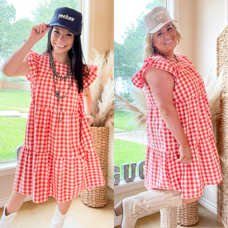 Sunny Pier Gingham Dress with Ruffle Cap Sleeves in Coral Red and White