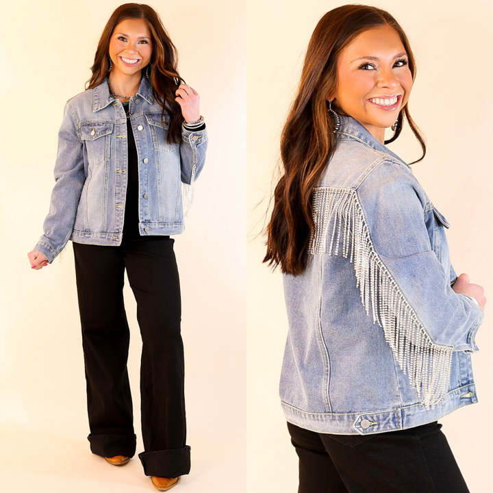 Rhinestone Cowgirl Crystal Fringe Denim Jacket in Medium Wash