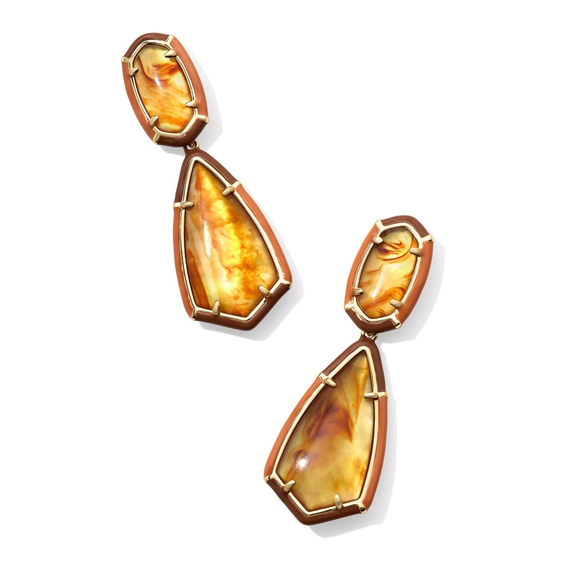 Kendra Scott | Camry Gold Enamel Frame Statement Earrings in Marbled Amber Illusion