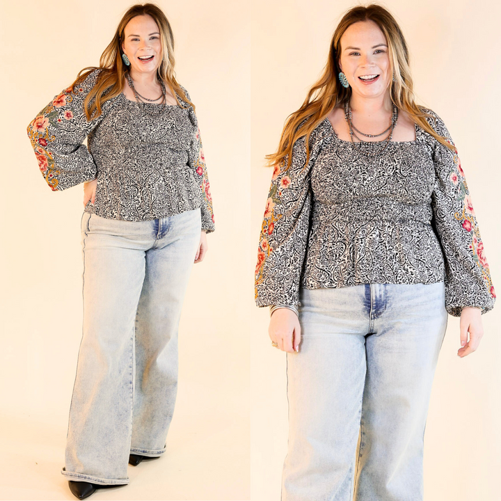 Point The Way Damask Print Peplum Top with Long Embroidered Sleeves