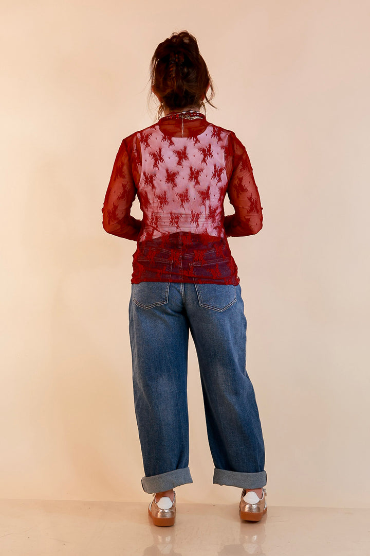 Daringly Delicate Sheer Mock Neck Long Sleeve Lace Top in Maroon