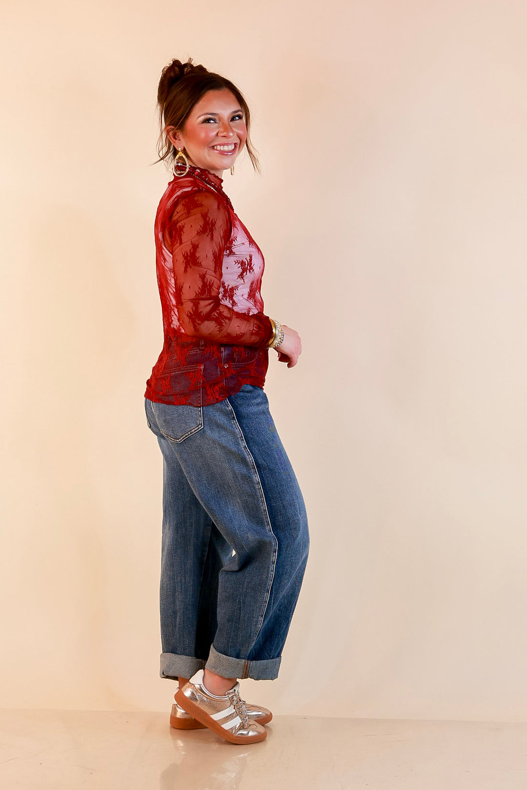Daringly Delicate Sheer Mock Neck Long Sleeve Lace Top in Maroon