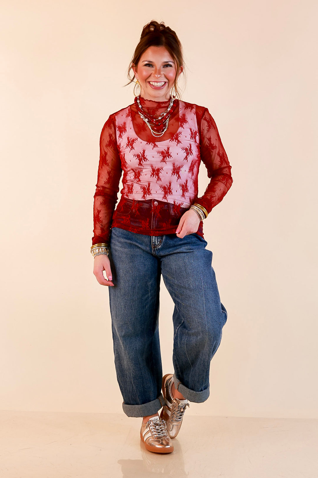 Daringly Delicate Sheer Mock Neck Long Sleeve Lace Top in Maroon