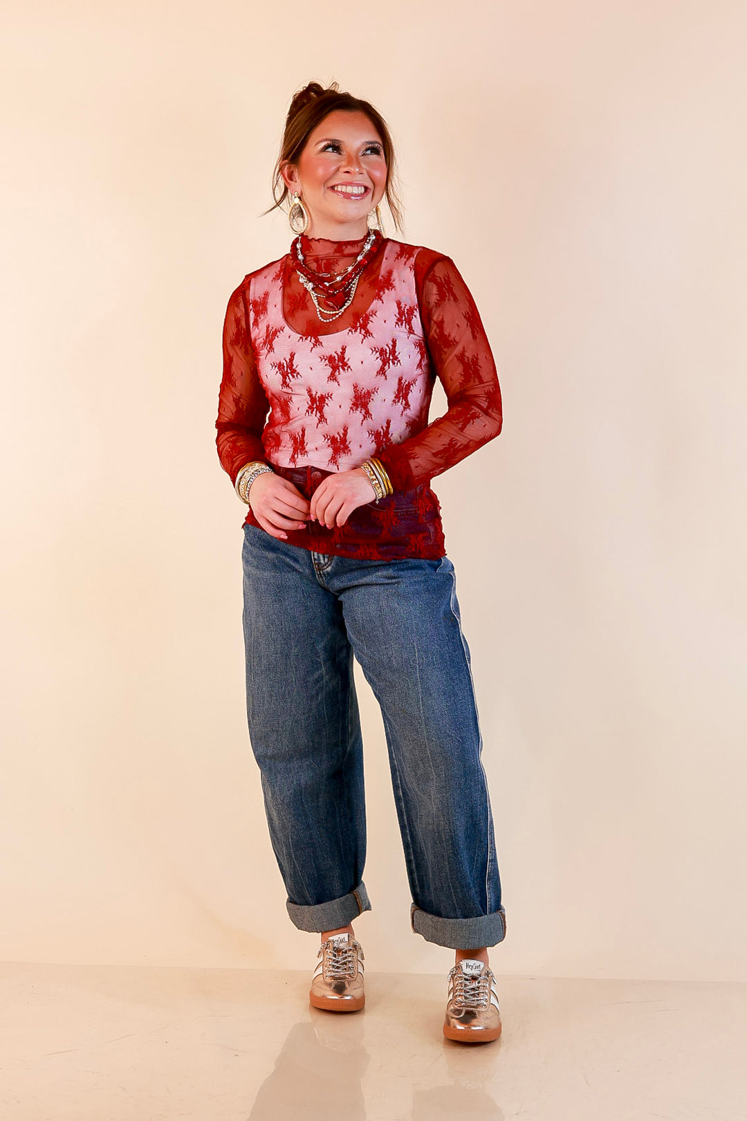 Daringly Delicate Sheer Mock Neck Long Sleeve Lace Top in Maroon