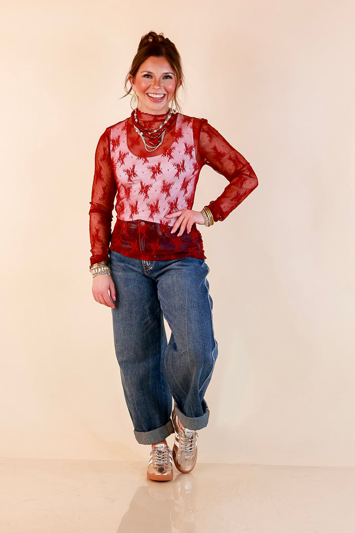 Daringly Delicate Sheer Mock Neck Long Sleeve Lace Top in Maroon