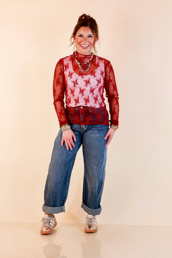 Daringly Delicate Sheer Mock Neck Long Sleeve Lace Top in Maroon
