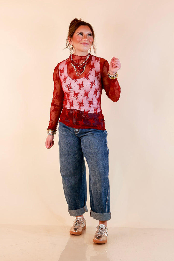 Daringly Delicate Sheer Mock Neck Long Sleeve Lace Top in Maroon