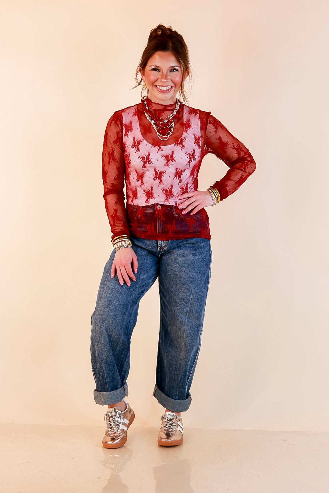 Daringly Delicate Sheer Mock Neck Long Sleeve Lace Top in Maroon
