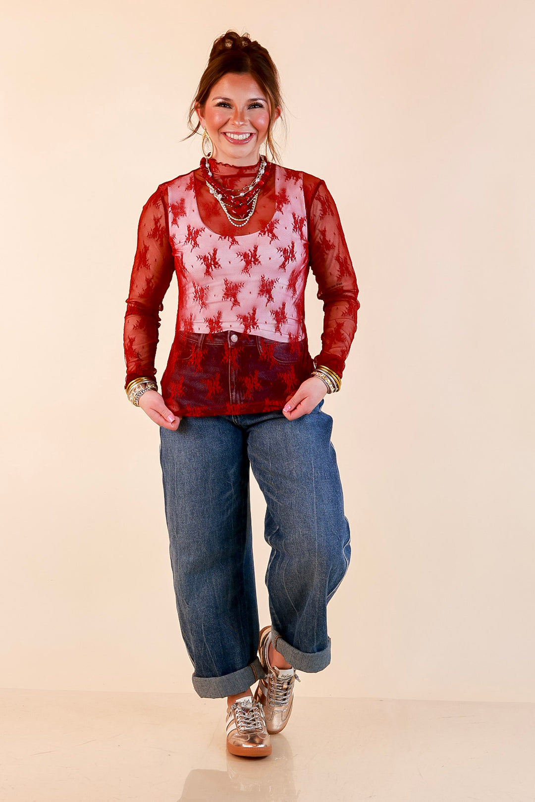 Daringly Delicate Sheer Mock Neck Long Sleeve Lace Top in Maroon