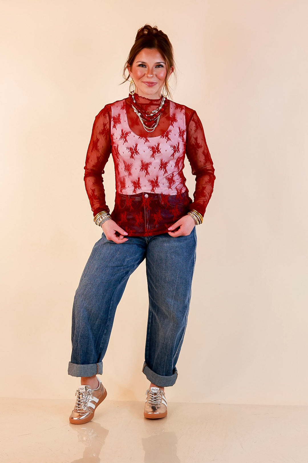 Daringly Delicate Sheer Mock Neck Long Sleeve Lace Top in Maroon