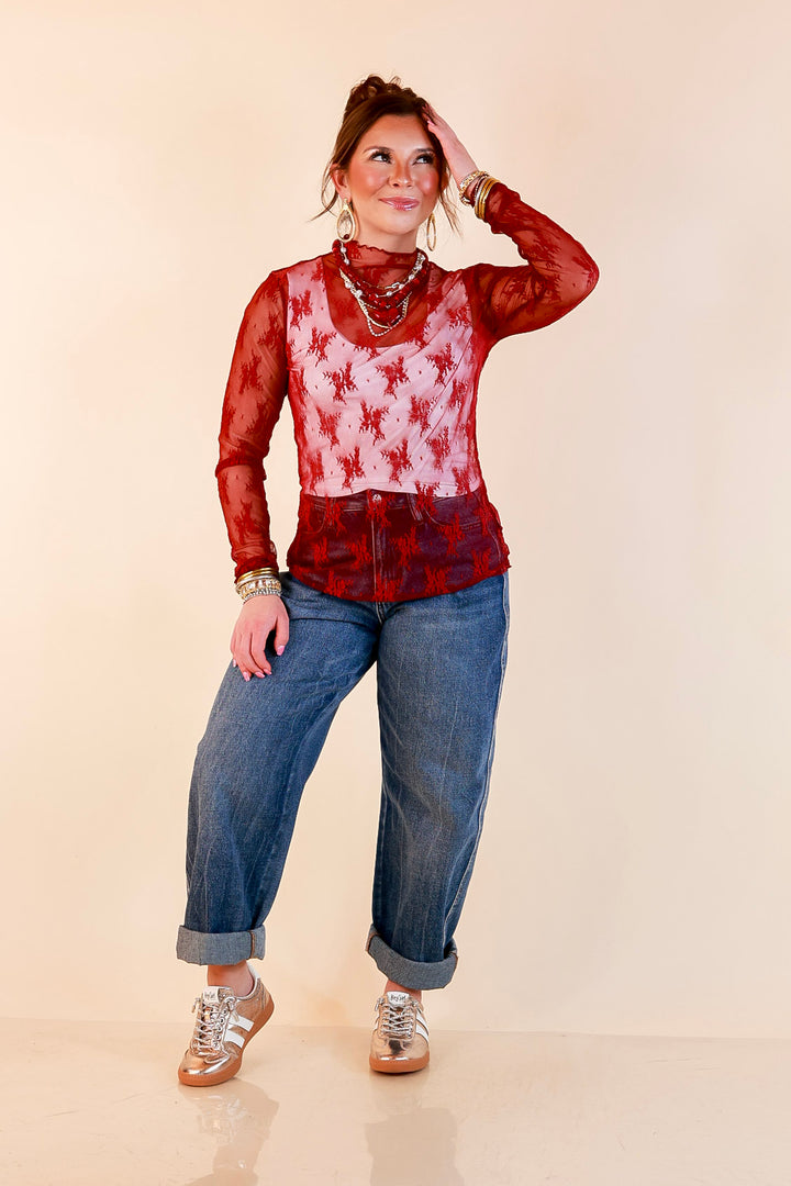 Daringly Delicate Sheer Mock Neck Long Sleeve Lace Top in Maroon