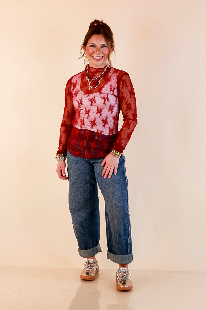 Daringly Delicate Sheer Mock Neck Long Sleeve Lace Top in Maroon