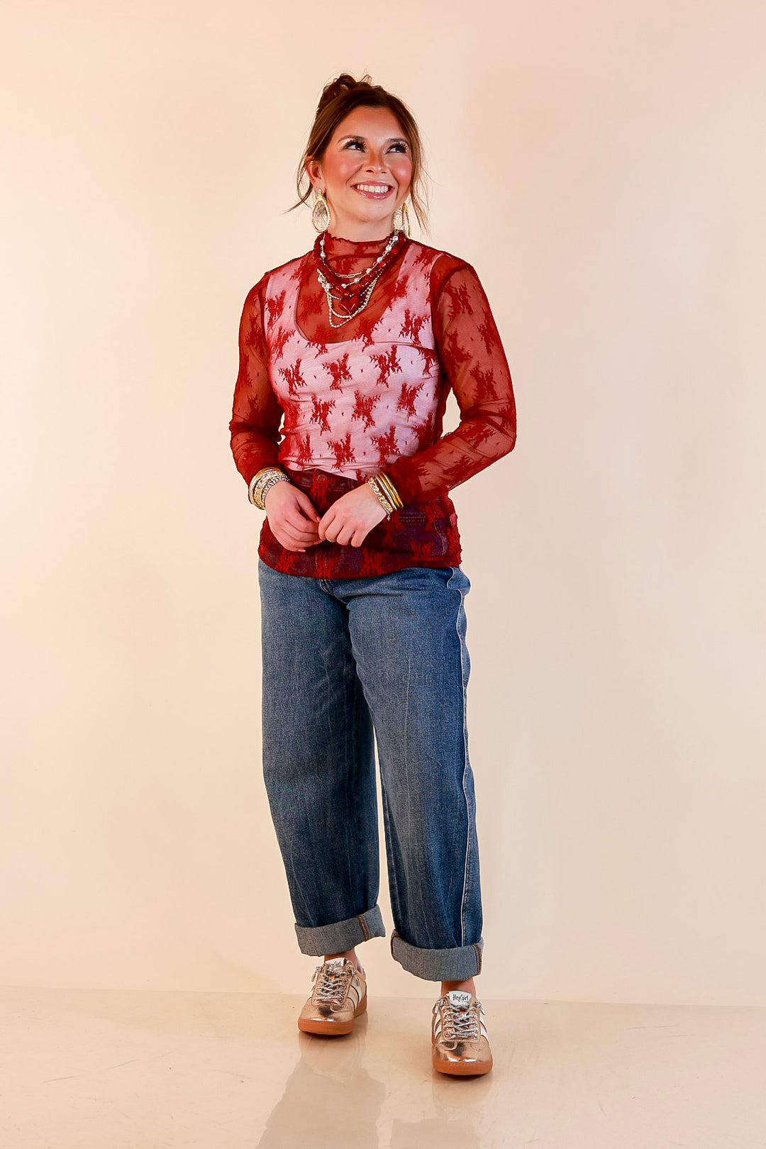Daringly Delicate Sheer Mock Neck Long Sleeve Lace Top in Maroon