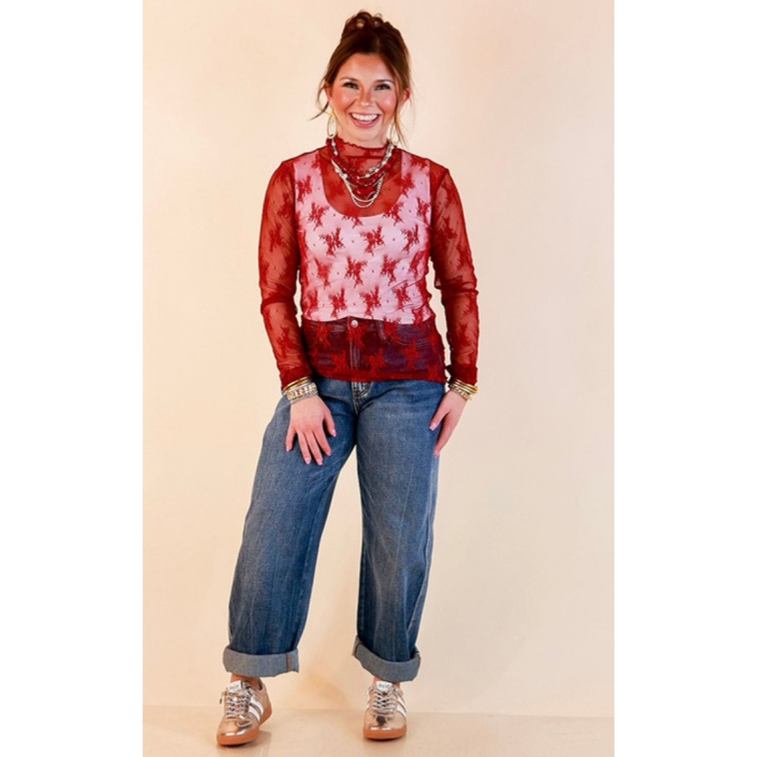 Daringly Delicate Sheer Mock Neck Long Sleeve Lace Top in Maroon