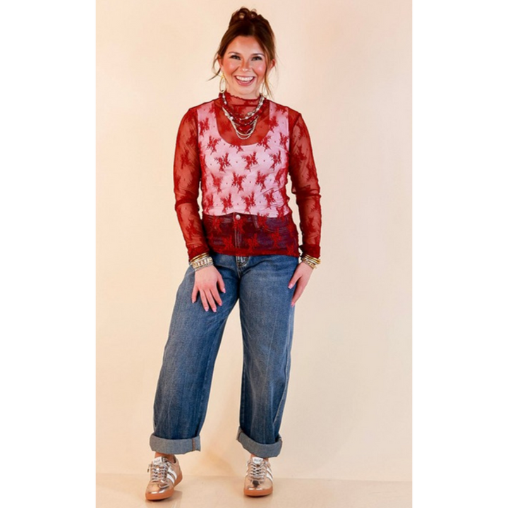 Daringly Delicate Sheer Mock Neck Long Sleeve Lace Top in Maroon