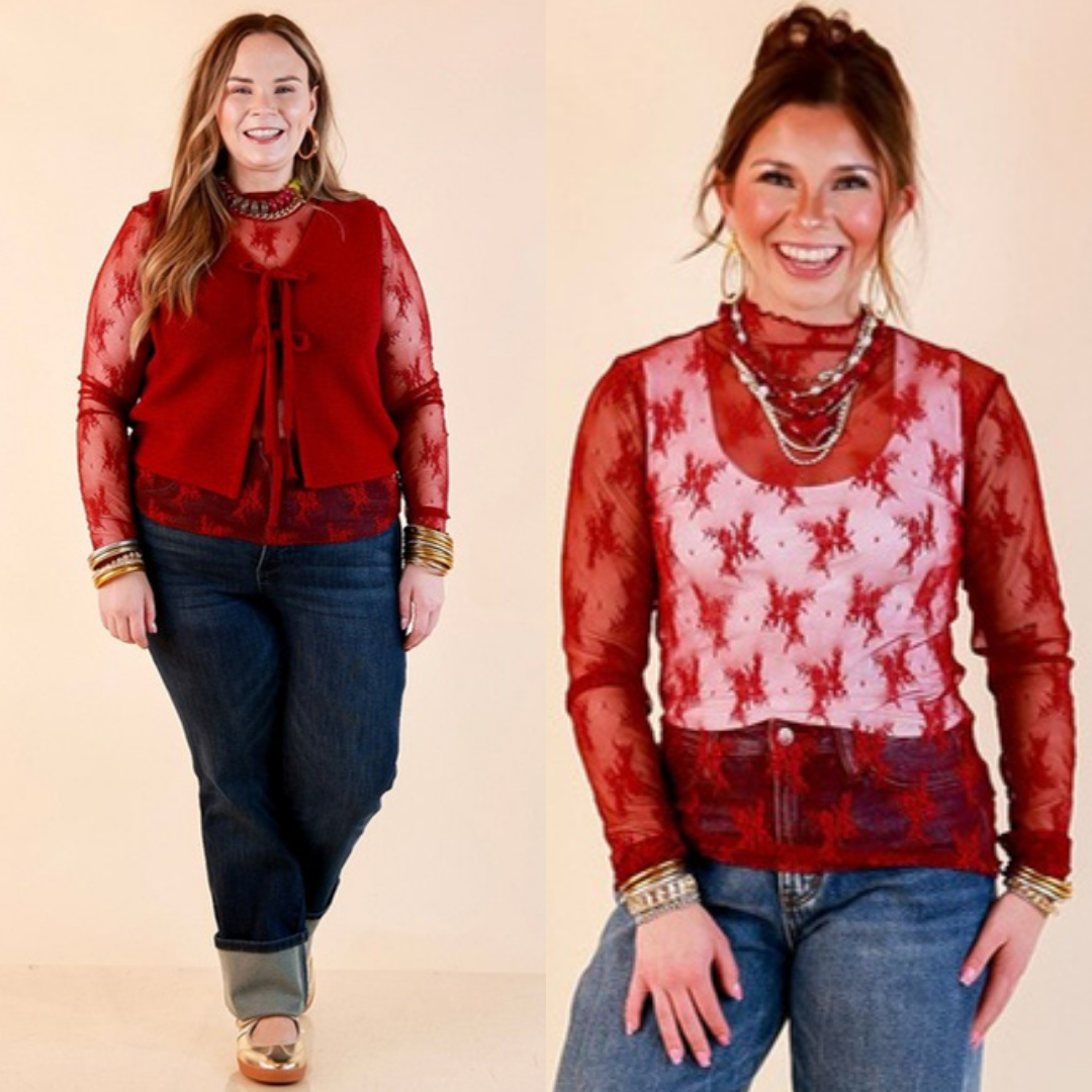Daringly Delicate Sheer Mock Neck Long Sleeve Lace Top in Maroon