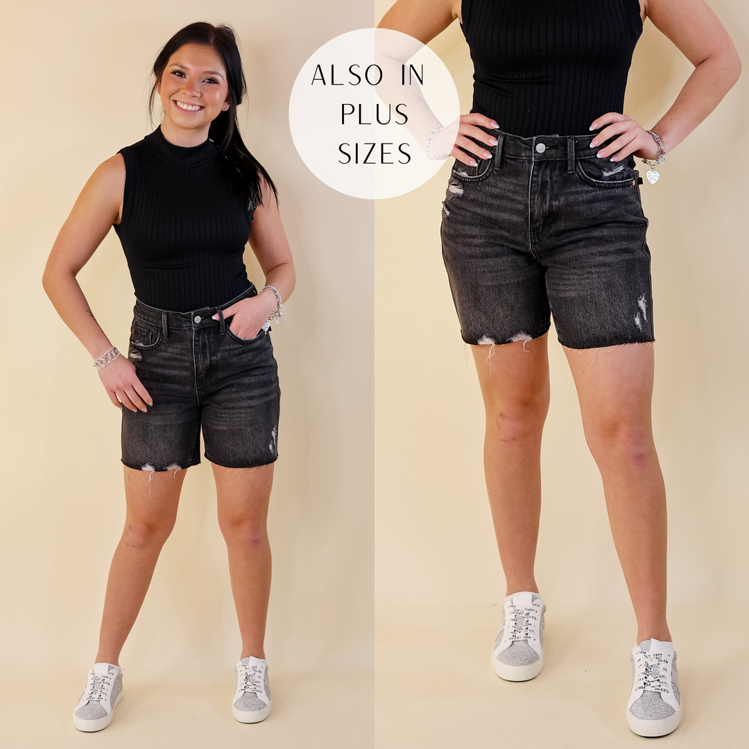 Judy Blue | Everyday Ease Rigid Magic Mid Thigh Raw Hem Shorts in Black Wash - Giddy Up Glamour Boutique