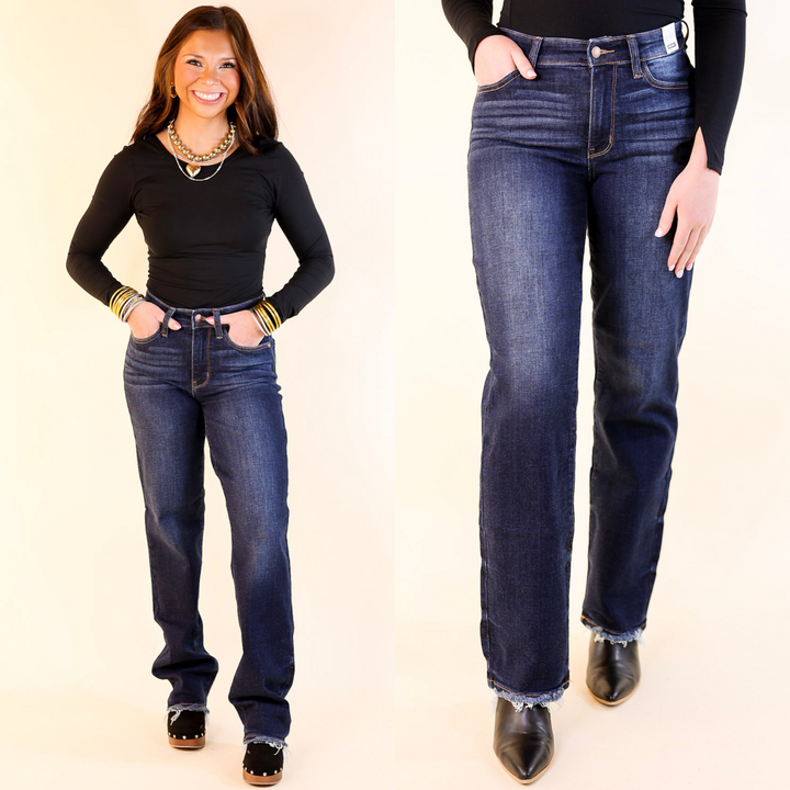Judy Blue | Everyday Icon Straight Leg Jean with Frayed Hem in Dark Wash