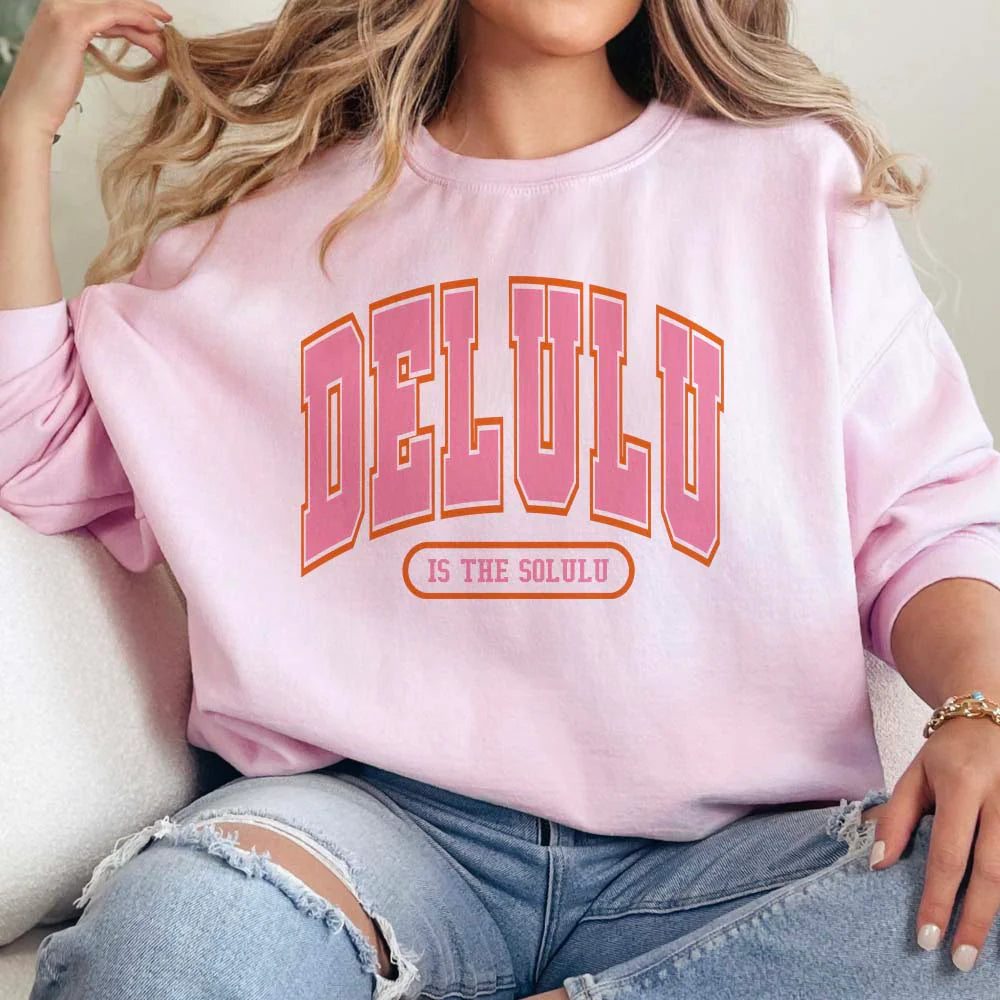 Online Exclusive | Delulu is the Solulu Long Sleeve Graphic Sweatshirt in Pink - Giddy Up Glamour Boutique