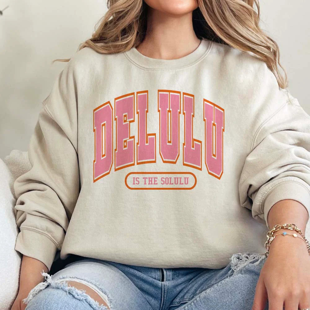 Online Exclusive | Delulu is the Solulu Long Sleeve Graphic Sweatshirt in Cream - Giddy Up Glamour Boutique