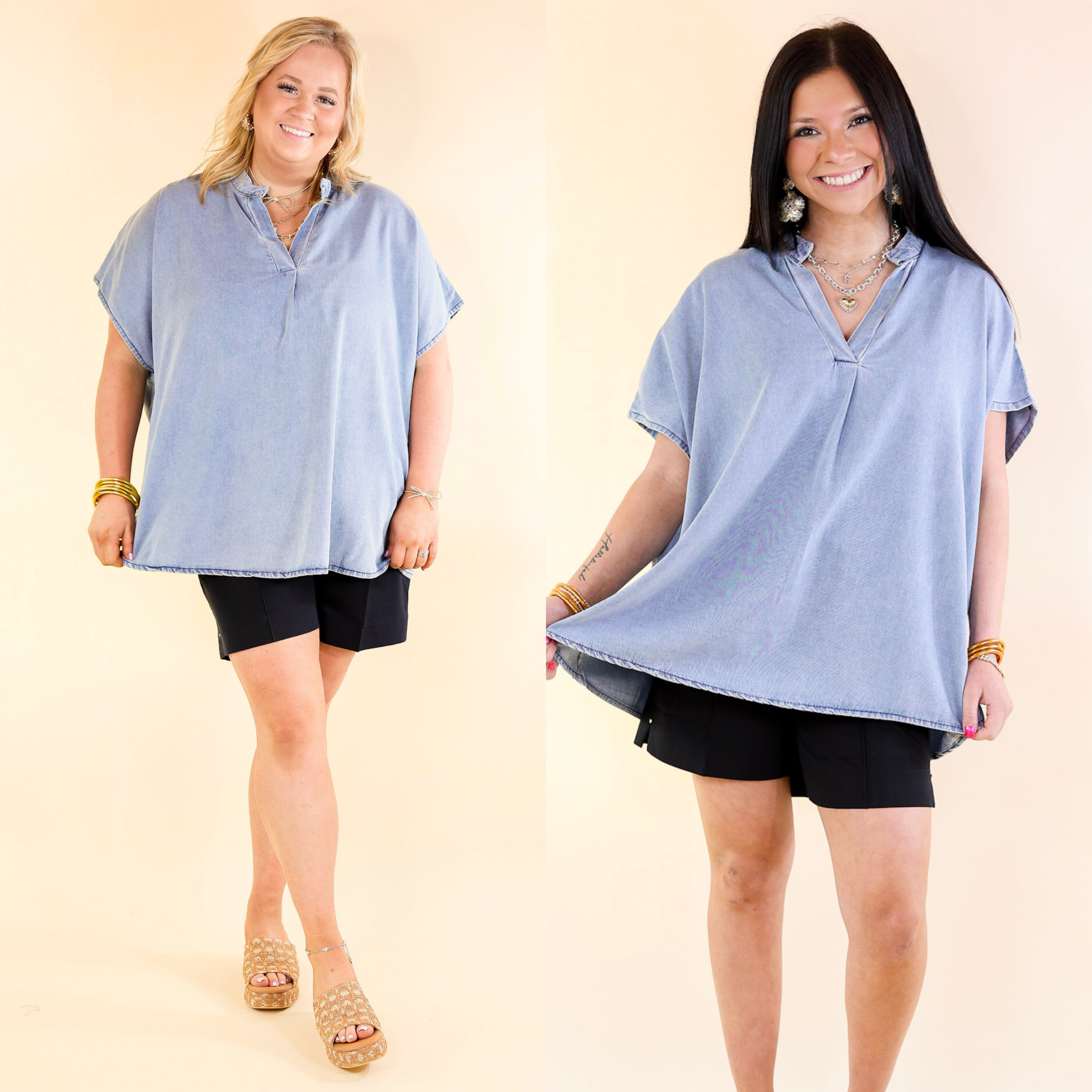 Fact Or Fiction Denim Top with Notched Neckline in Light Wash