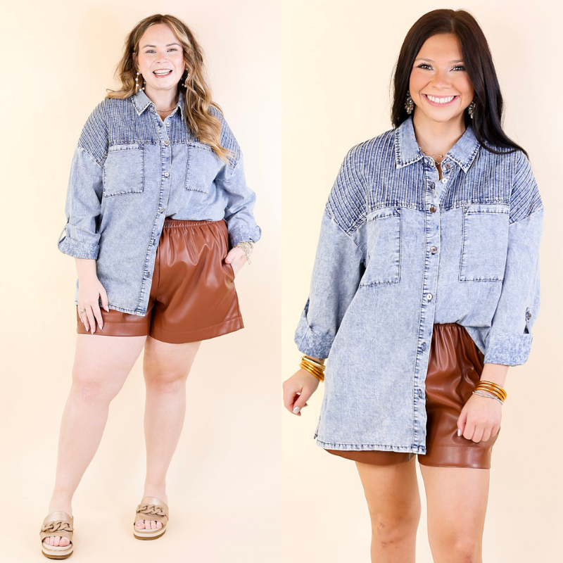 Dawn Of Time Pleated Button Up Denim Top