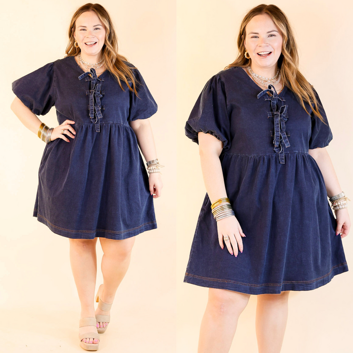 Timeless Trend Short Sleeve Denim Dress with Bows in Medium Wash