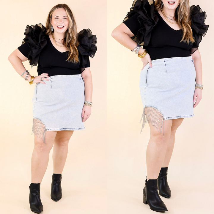 Grandest Moments Denim Mini Skirt with Crystal Fringe in Light Wash