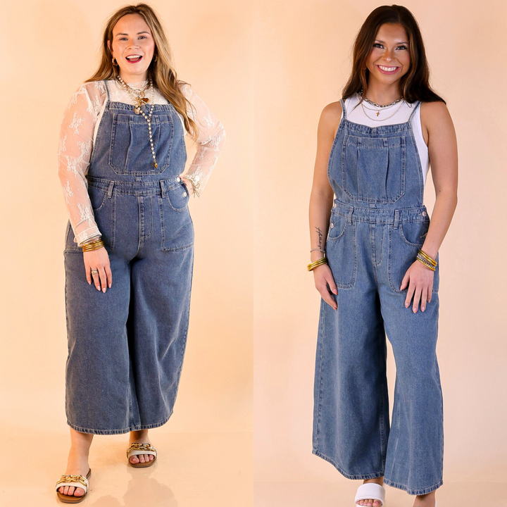 These overalls feature a criss cross tie in the back, a chest pocket and multiple pockets on the pants, and a wide-leg design. Sizes small through large.