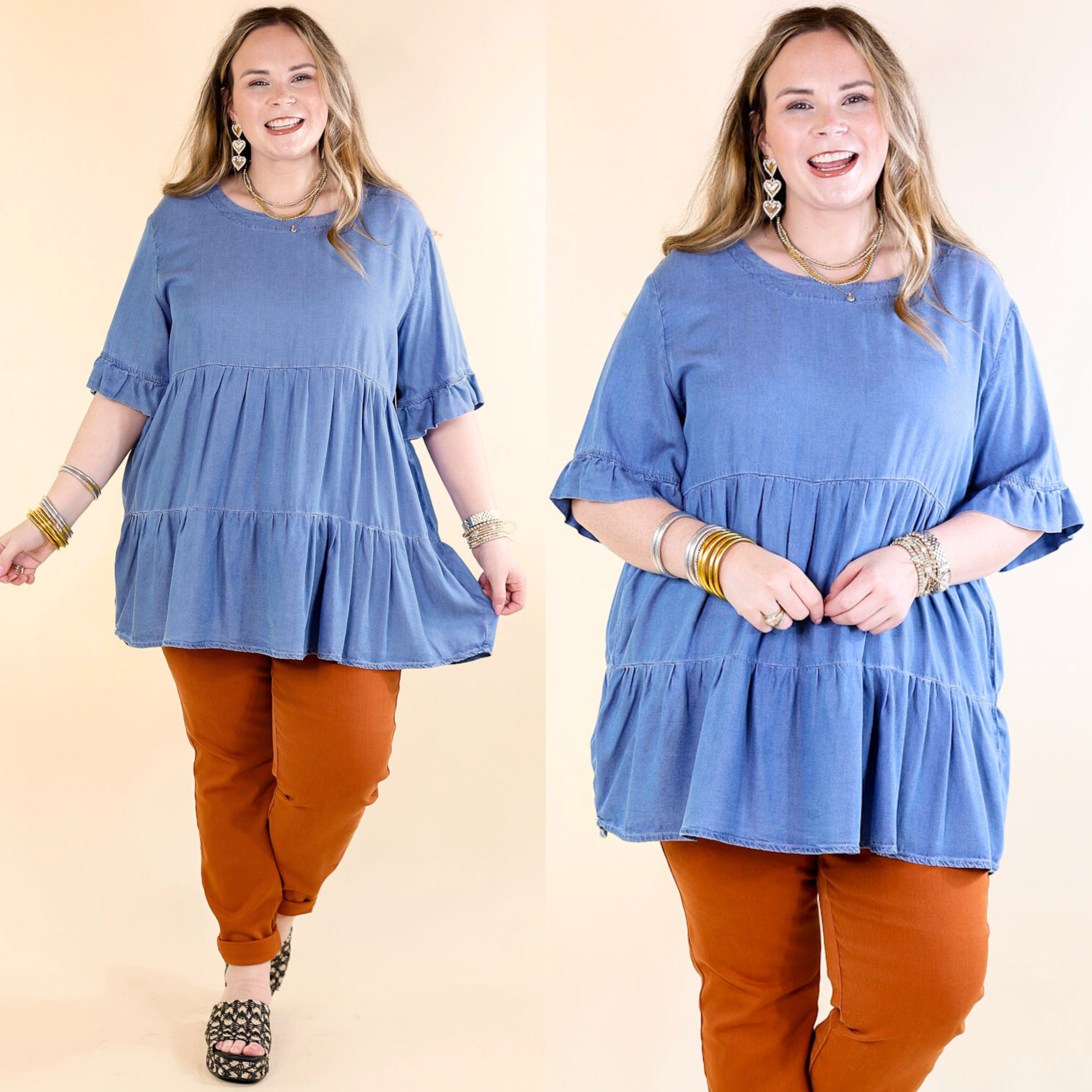 Path To Happiness Denim Tiered Top with Short Sleeves in Medium Wash