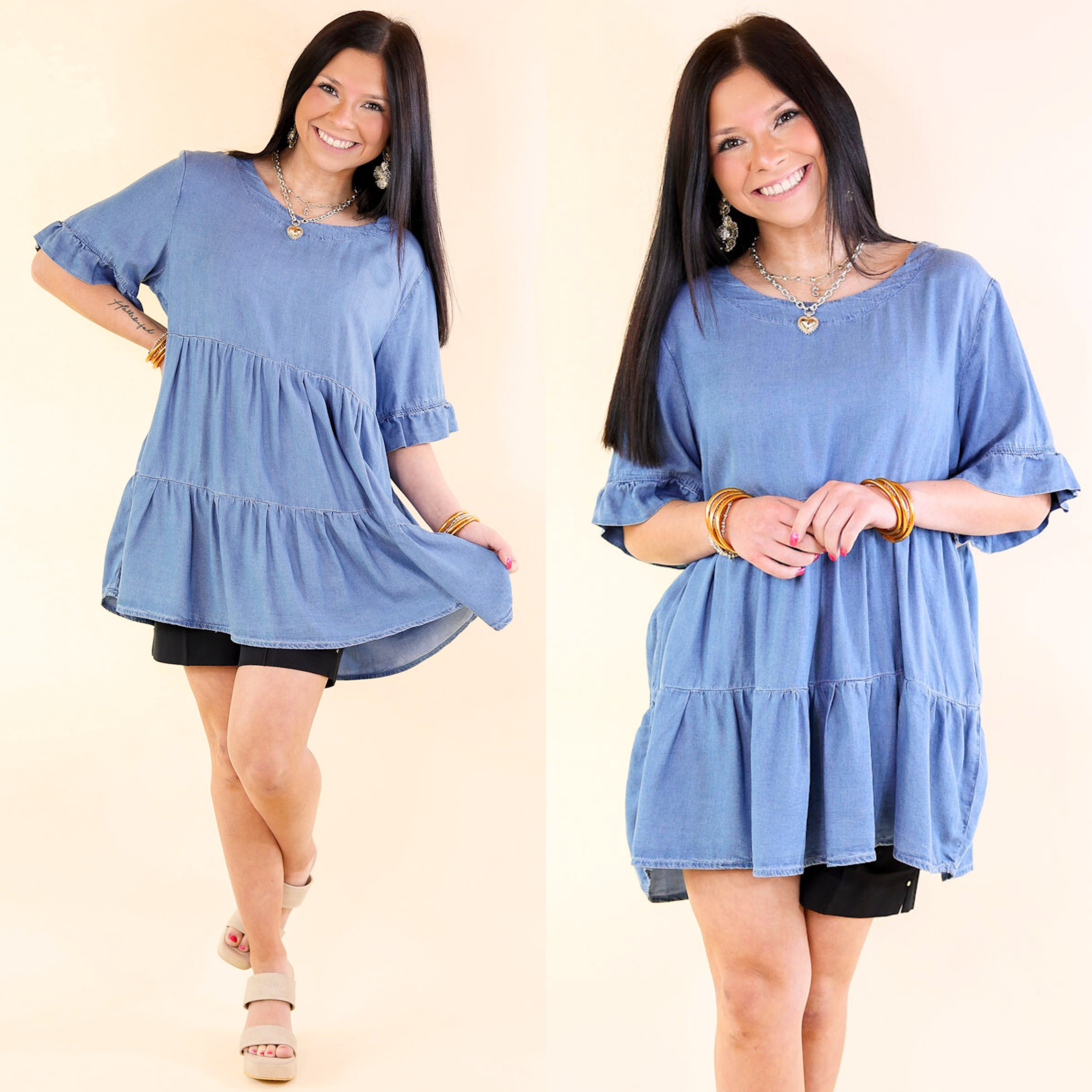 Path To Happiness Denim Tiered Top with Short Sleeves in Medium Wash