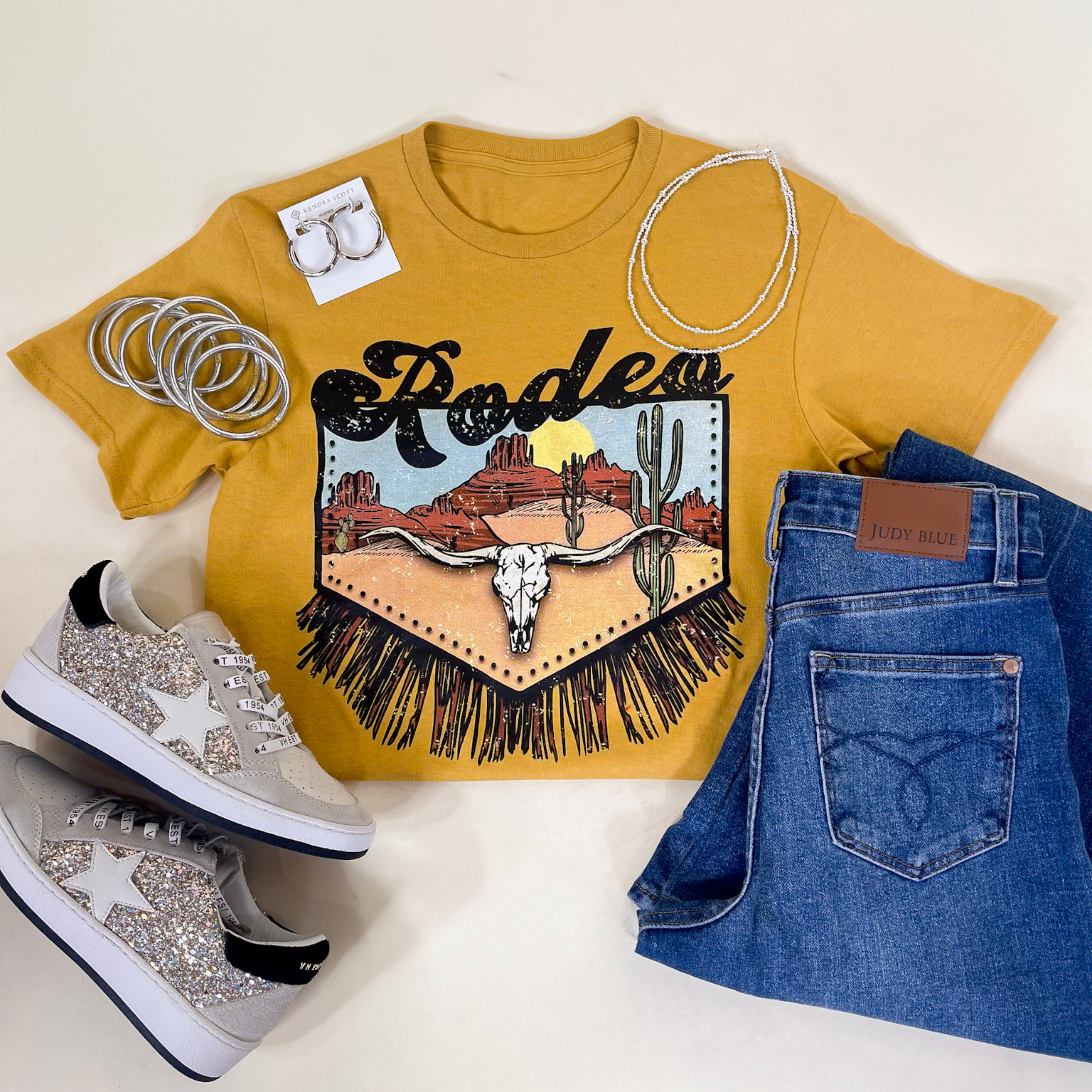 Rodeo Desert Fringe Design Short Sleeve Graphic Tee in Mustard Yellow