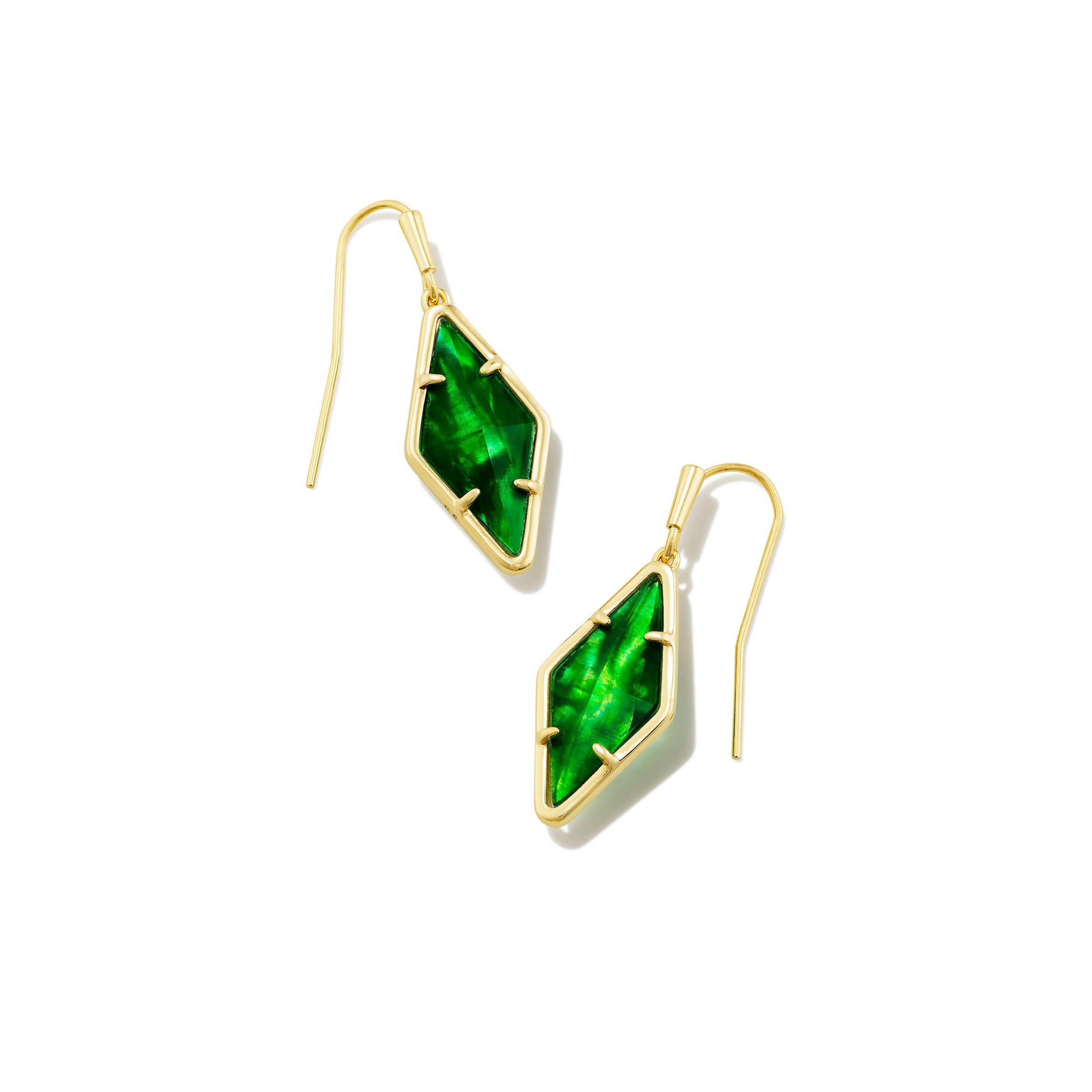 Gold, fish hook diamond drop earrings with a kelly green illusion stone pictured on a white background.