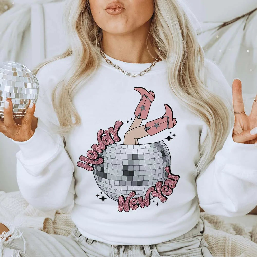 Online Exclusive | Disco Ball New Year Graphic Sweatshirt in White - Giddy Up Glamour Boutique