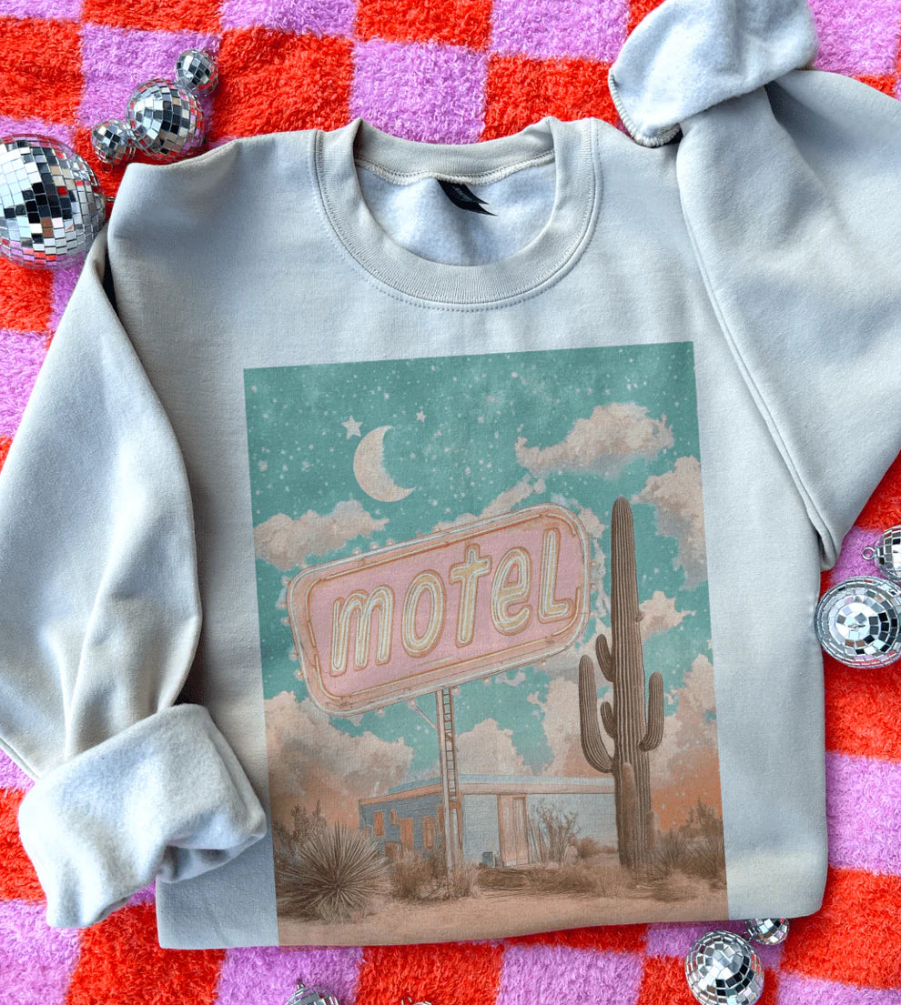 Motel Key Memories graphic tee with vintage motel sign & cactus desert scene – cream sweat shirt