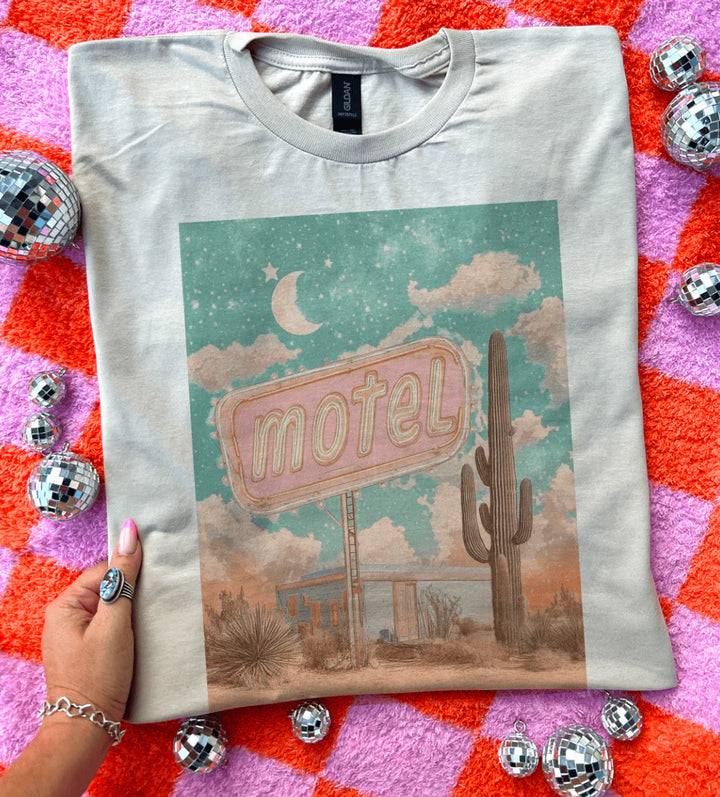 Motel Key Memories graphic tee with vintage motel sign & cactus desert scene – cream shirt