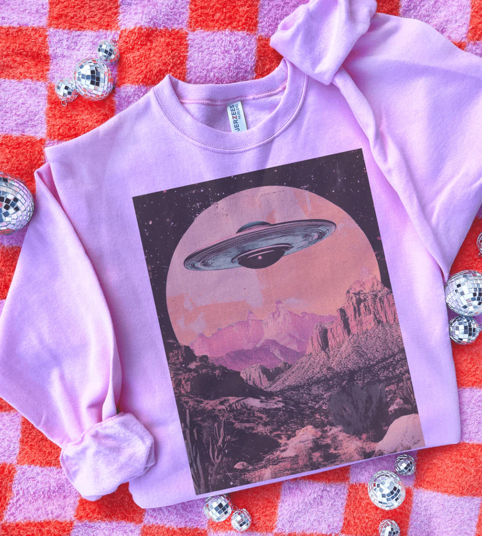 My Ride Is Here graphic tee with UFO & desert landscape design – pink shirt