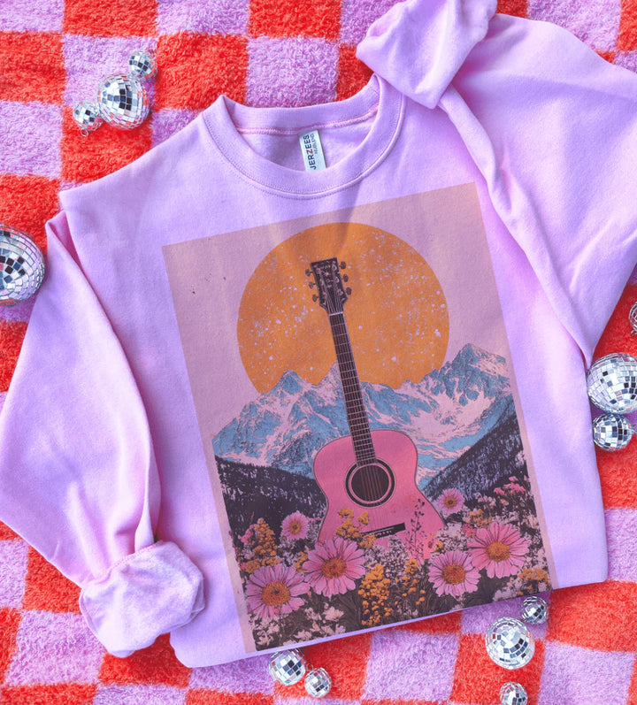 Smoke and Embers graphic tee with pink guitar & mountain sunset design – pink  shirt