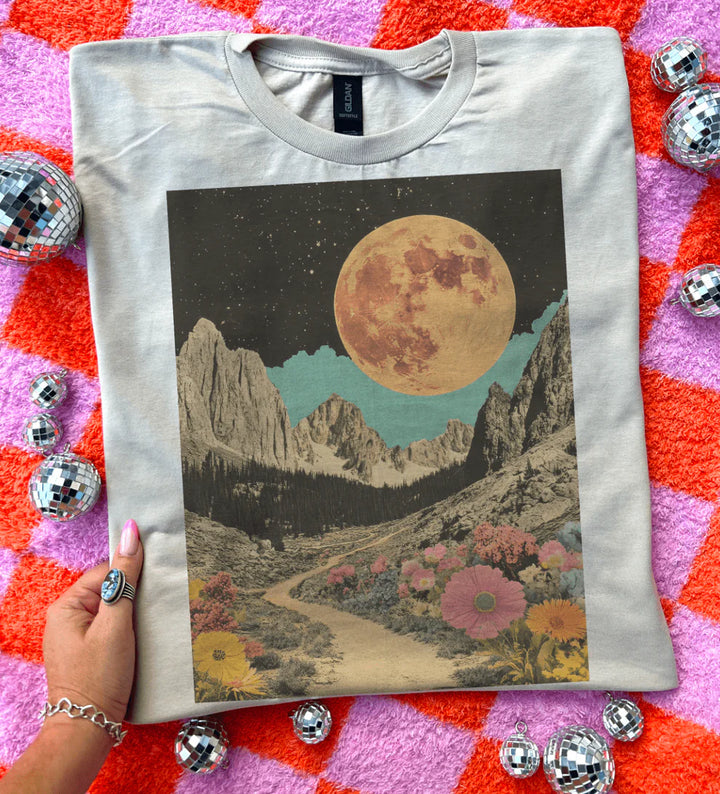 Summer Moon graphic tee with retro moon & mountain design – cream shirt