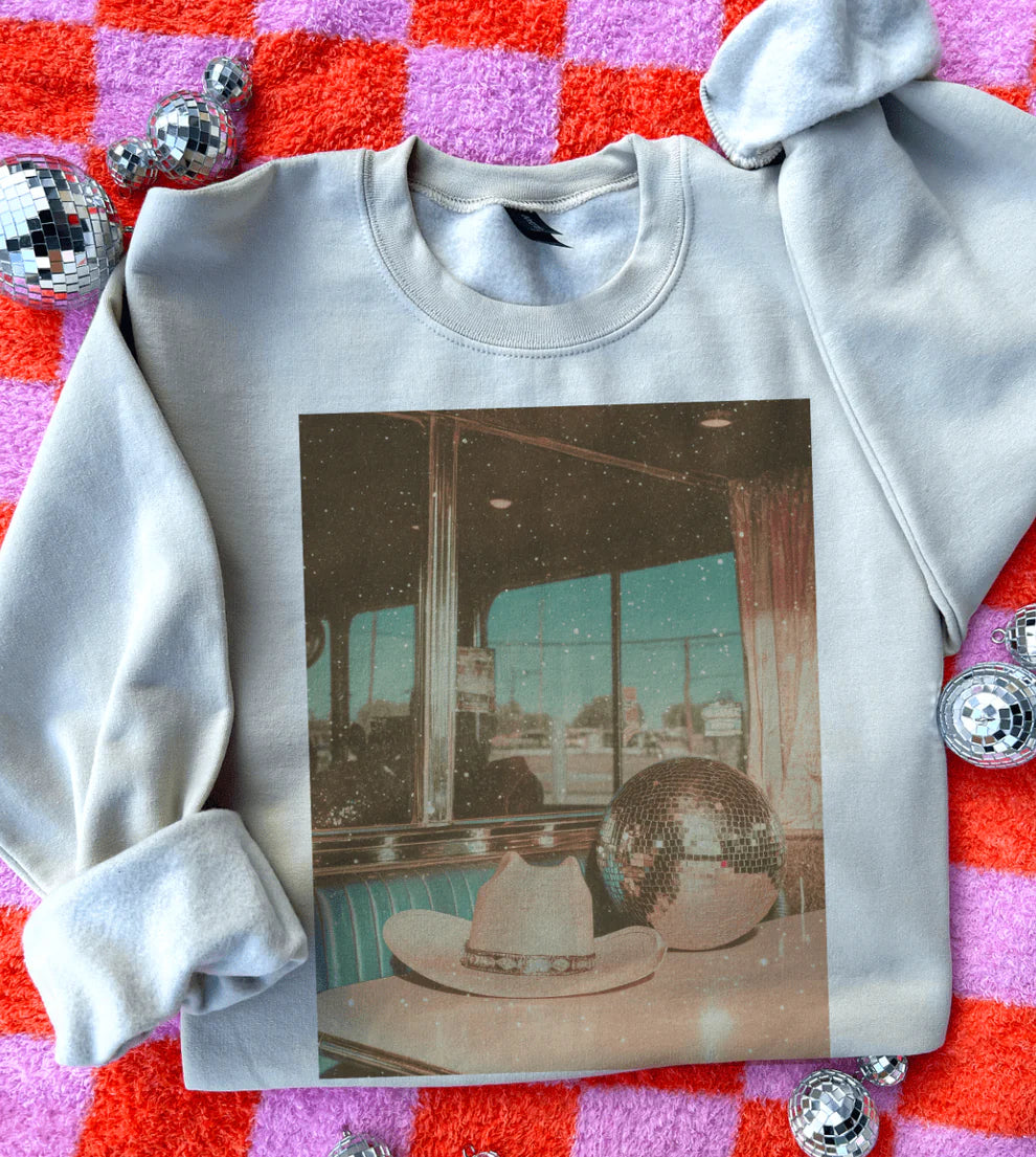 Retro diner scene graphic tee with disco ball & cowboy hat – Too Sweet For Me by Giddy Up Glamour