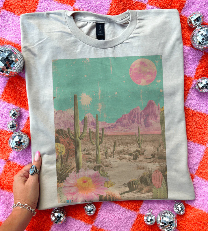 Retro desert-inspired graphic tee with cacti & pastel skies – Wish You Were Here by Giddy Up Glamour