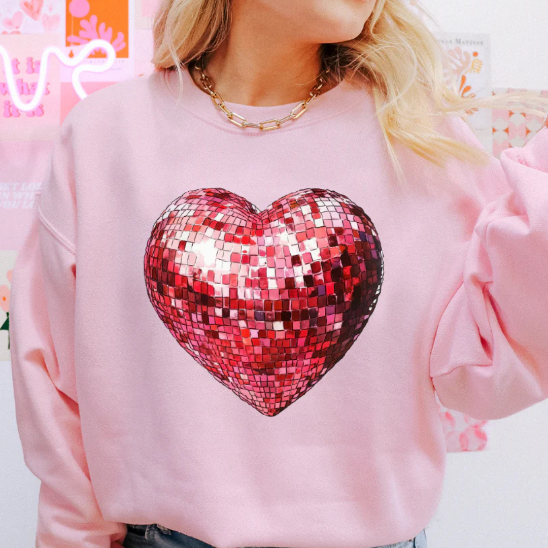 Online Exclusive | Red Disco Ball Heart Graphic Sweatshirt in Pink