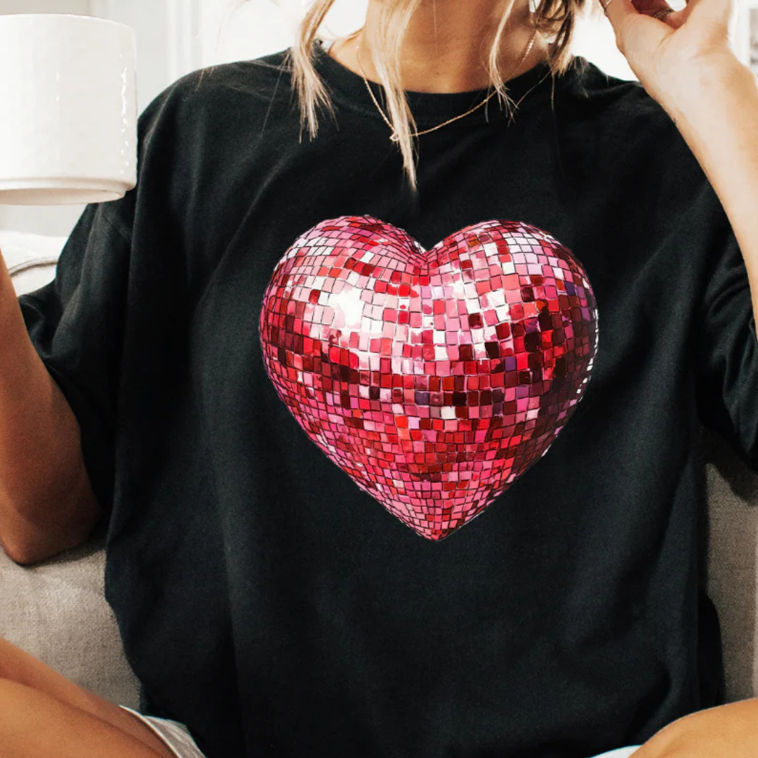 Online Exclusive | Red Disco Ball Heart Graphic Tee in Black