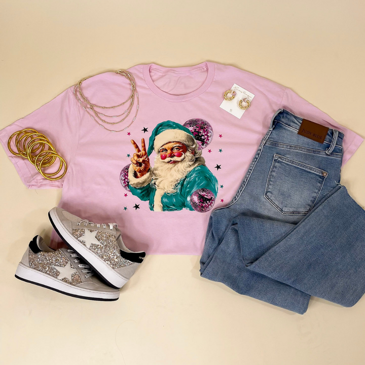 Online Exclusive | Disco Santa Peace Hand Graphic Tee in Pink